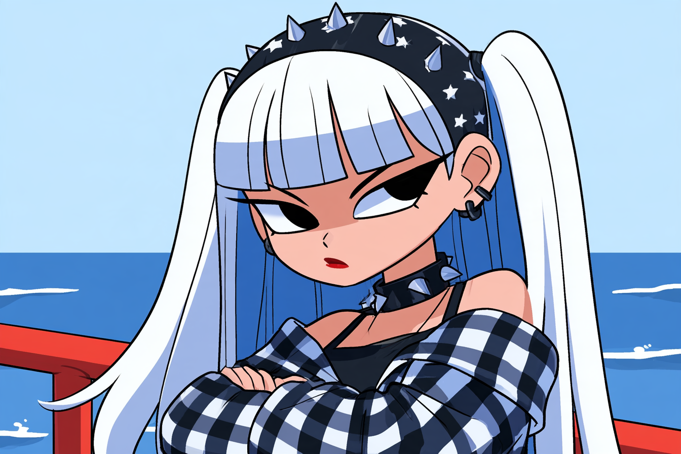 A cool, aloof white-haired girl by the seaside.