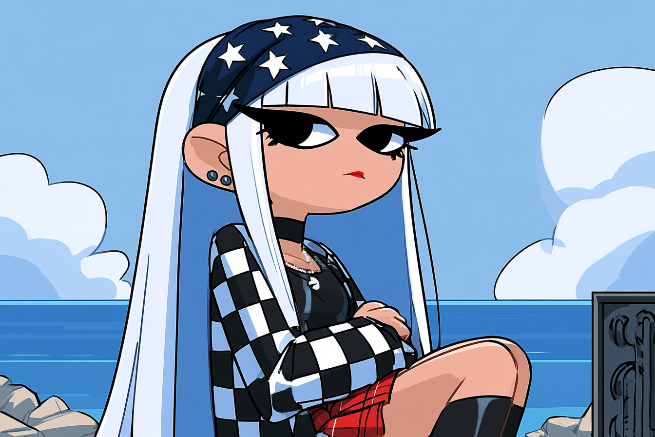 A cool, aloof white-haired girl by the seaside. - alternate