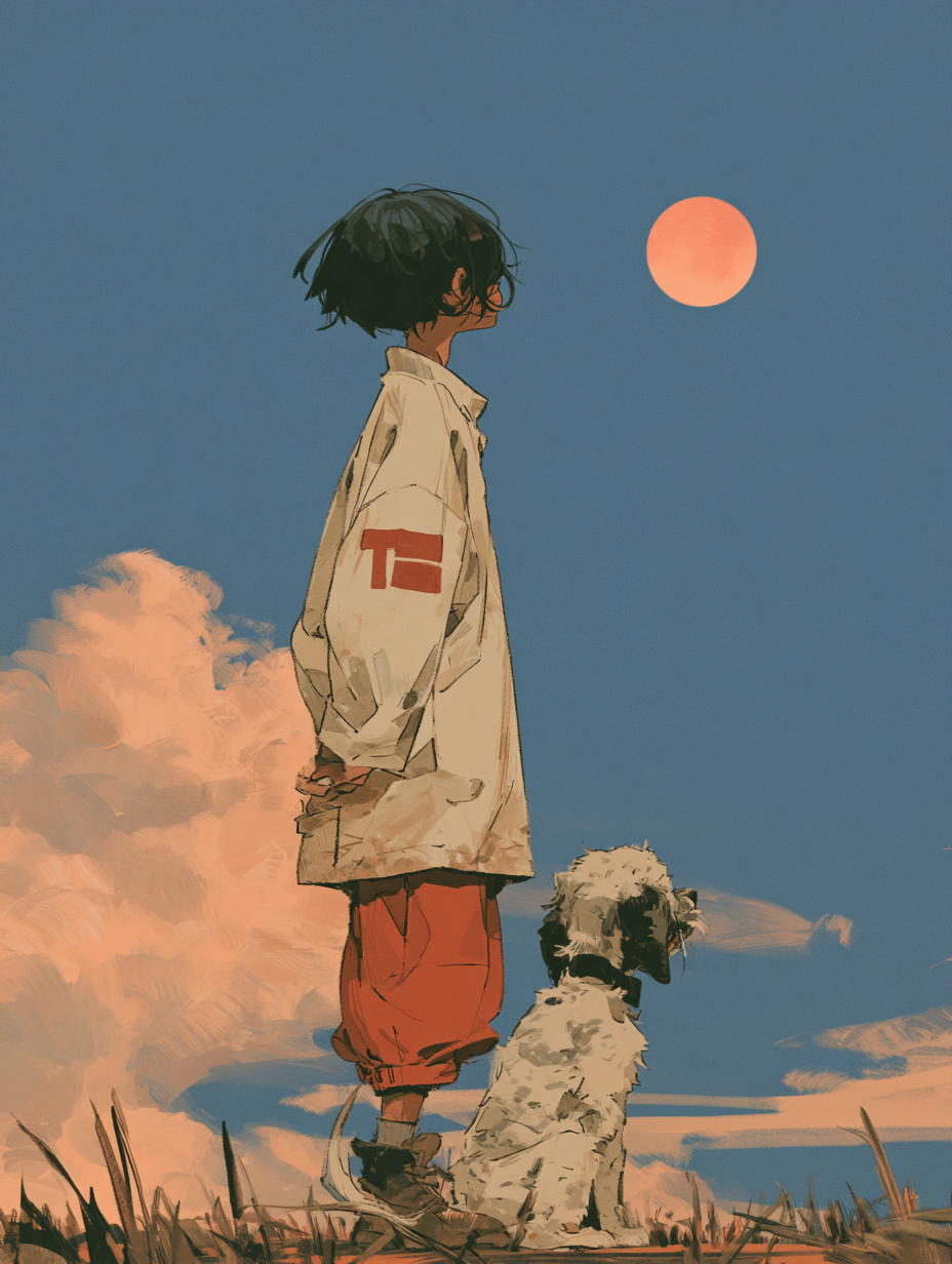 boy，dog and moon