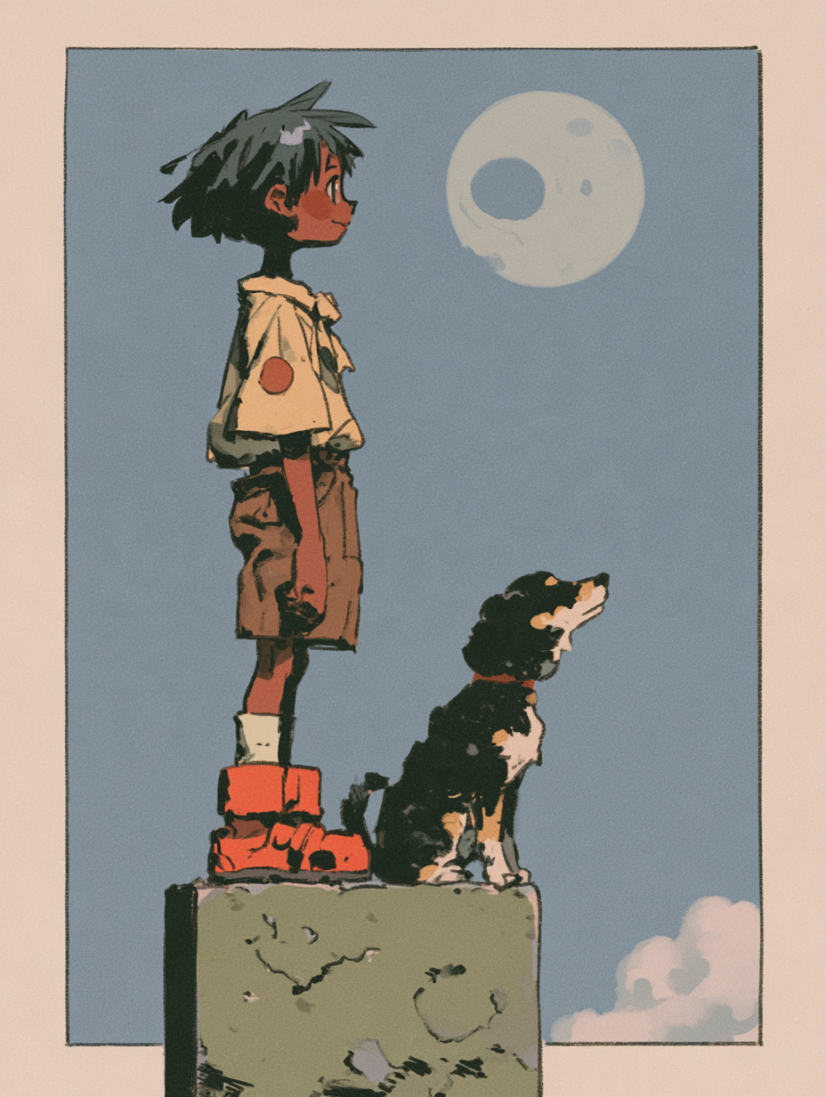 boy，dog and moon - alternate
