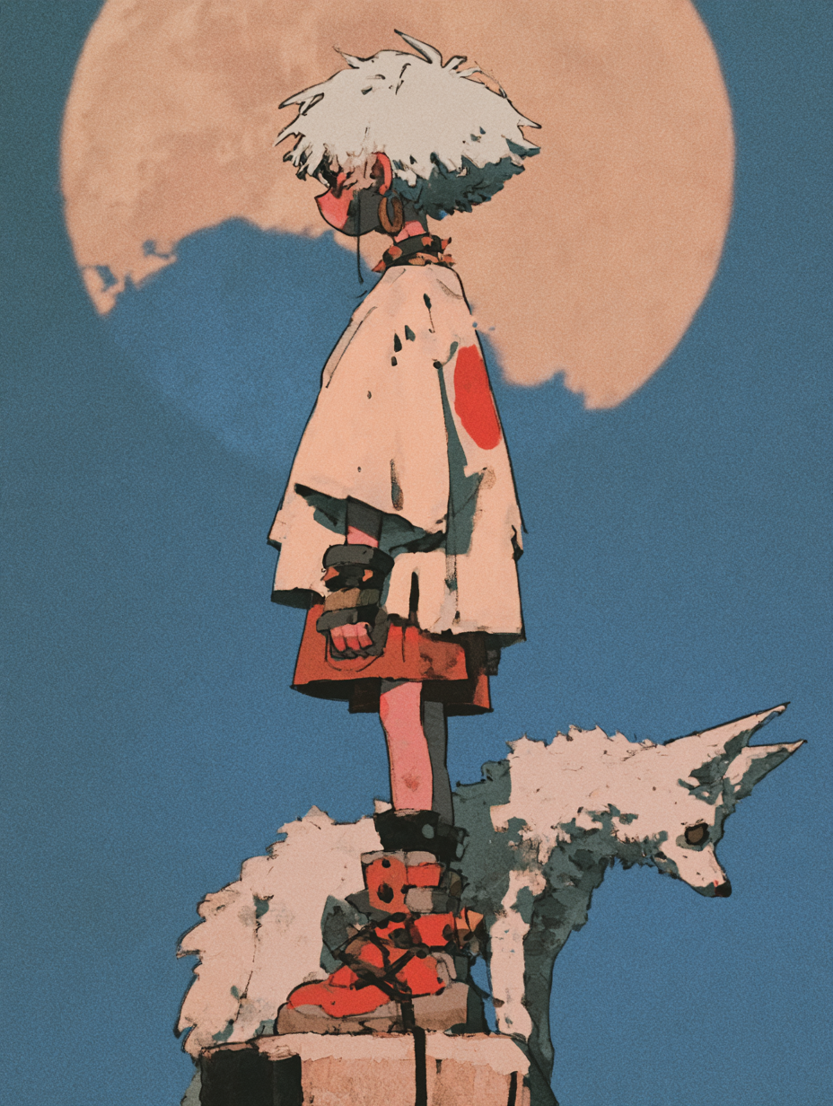 boy，dog and moon - alternate