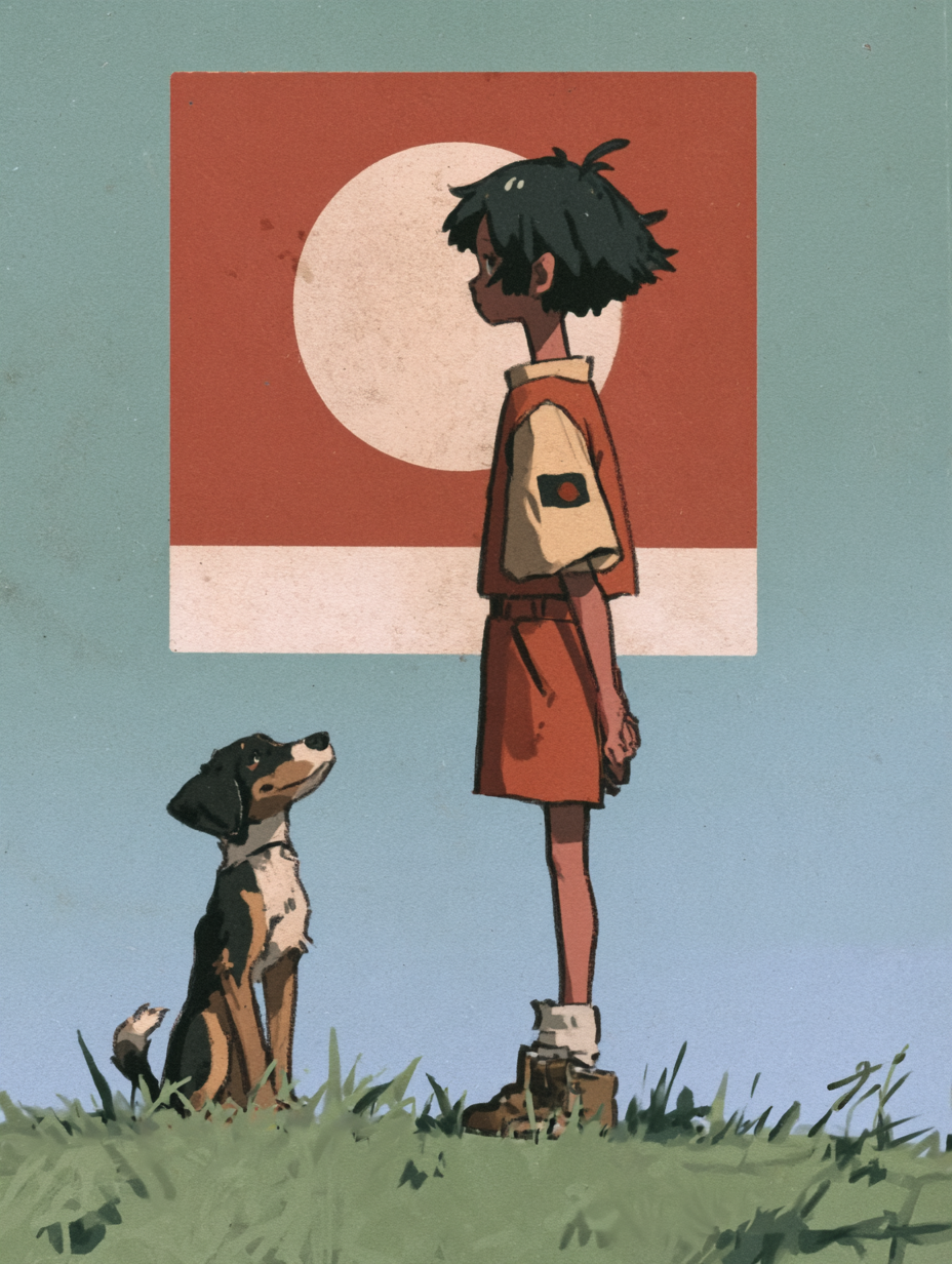 boy，dog and moon
