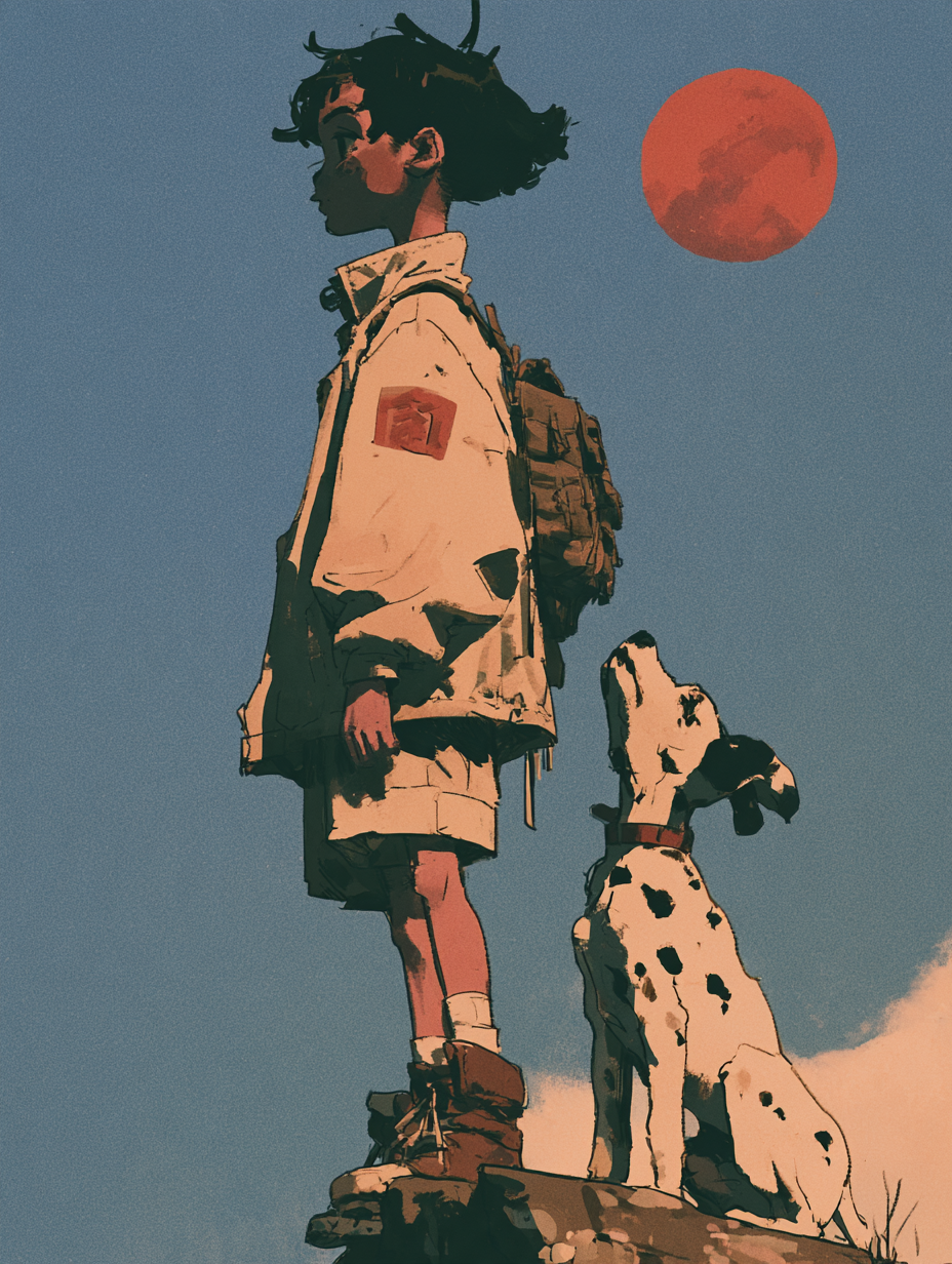 boy，dog and moon - alternate
