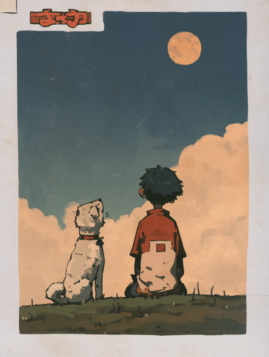 boy，dog and moon - alternate