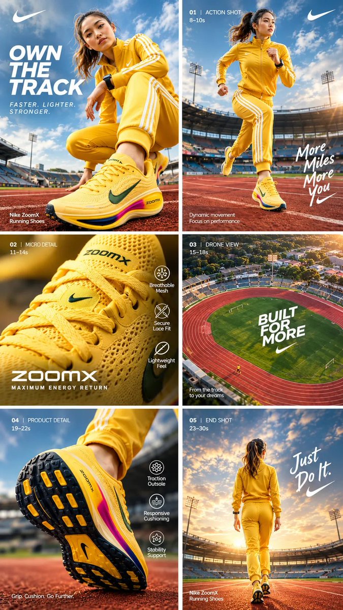 Create a cinematic, ultra-realistic Nike running shoe com...
