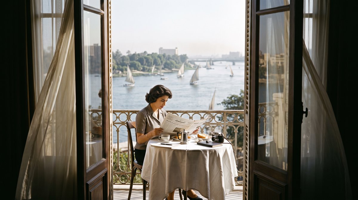 Frame-within-a-frame shot through tall open French window...