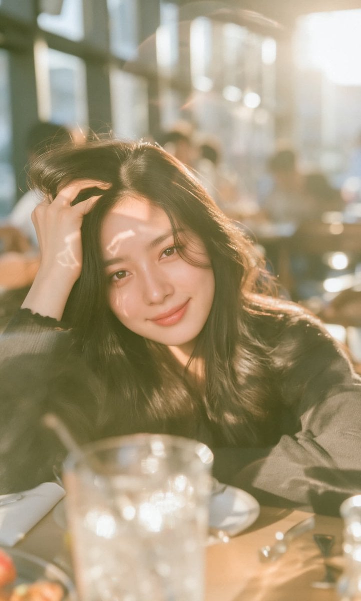 cinematic portrait of a lovely East Asian woman sitting r... - alternate