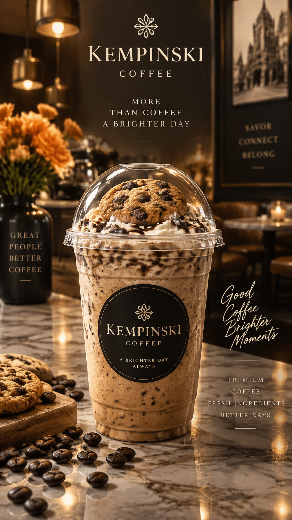 A premium iced coffee smoothie stands centered in the for...