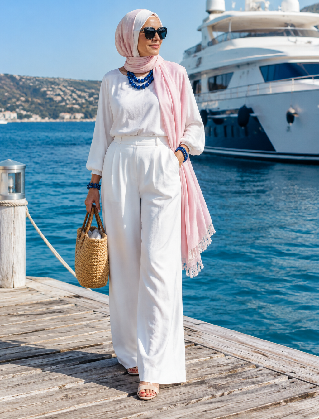 A stylish thin woman in her late 40s, dressed in an elega...