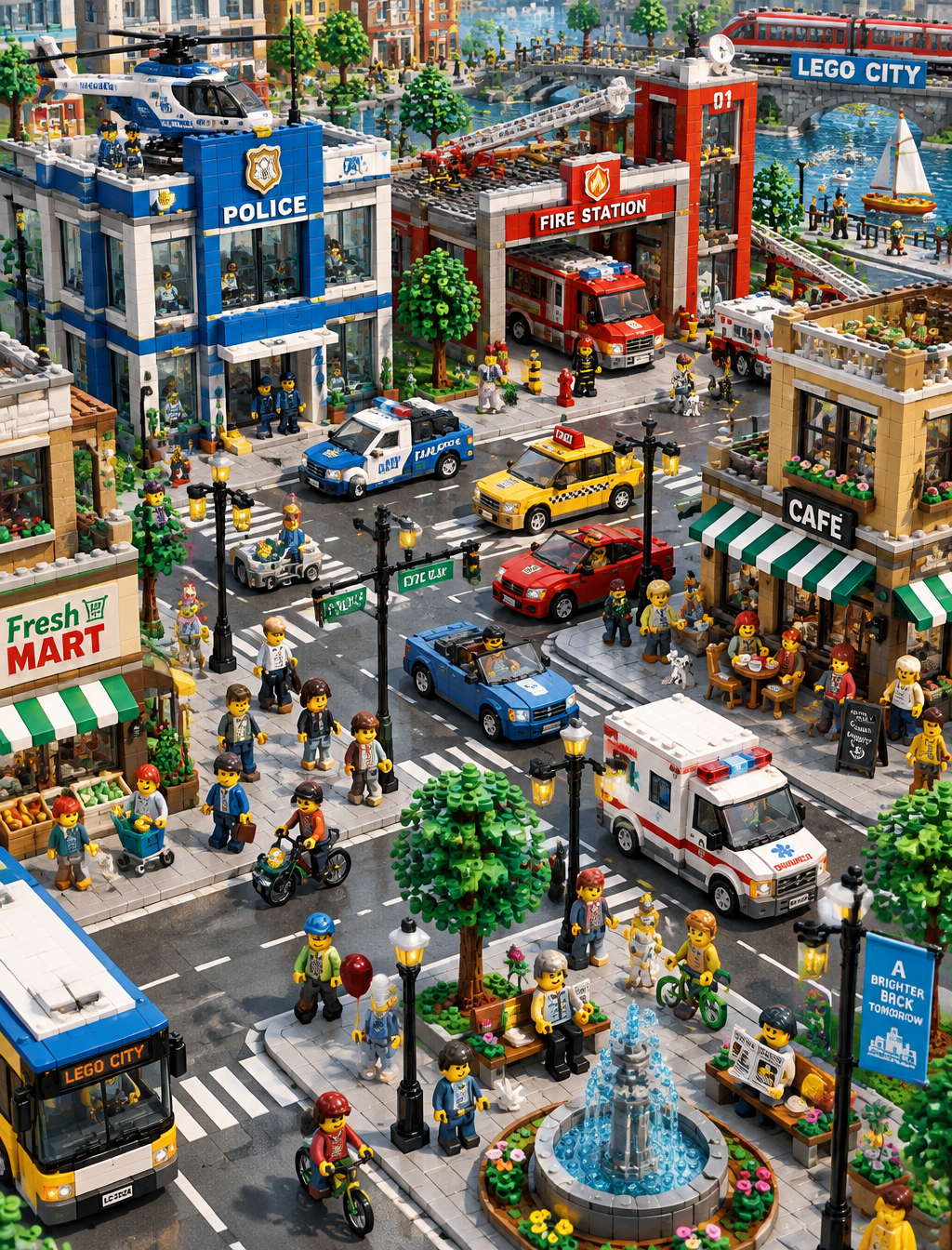 Phong cách Lego, góc nhìn từ trên cao, một cảnh đường phố...