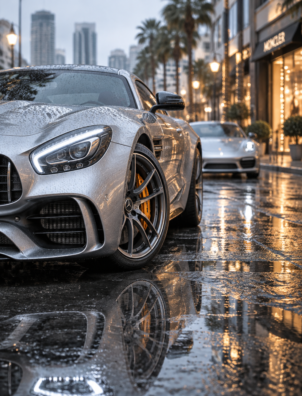A silver luxury sports coupe dominates the foreground, pa...