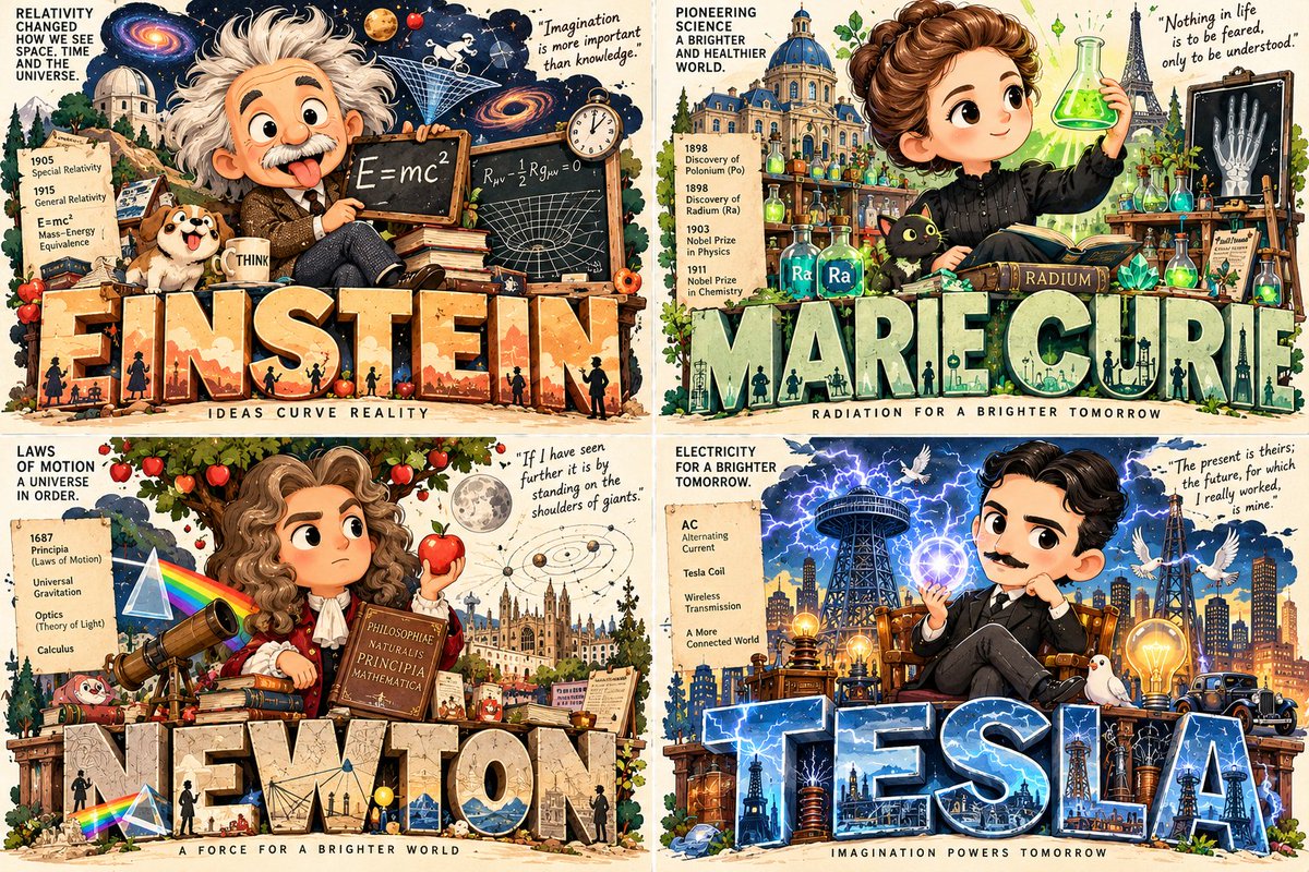 2x2 grid, 16:9, do this for 4 legendary scientists: