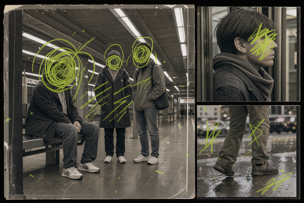 Fragmented editorial collage composed of three images wit...
