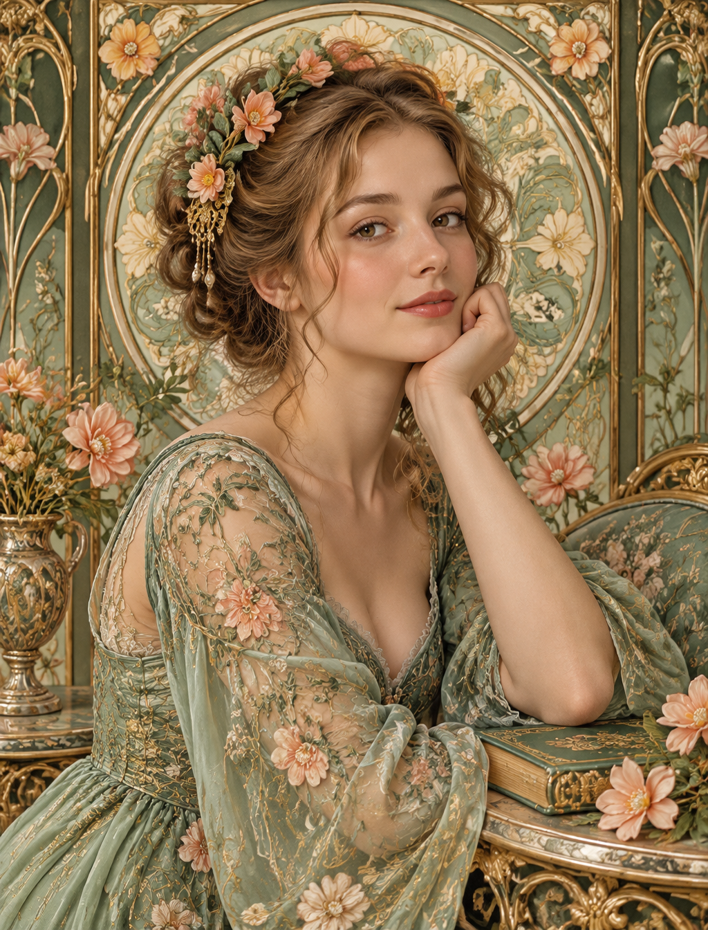 Create an elegant, richly detailed Art Nouveau portrait c...