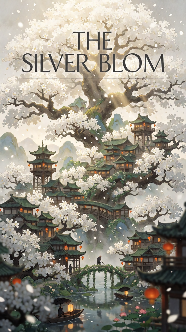 远景微俯竖版构图,巨型白色花树贯通画幅垂直中轴,枝干如苍老山脉绵延,满树雪白硕大花朵如覆雪般覆满枝头。东方聚落沿巨...