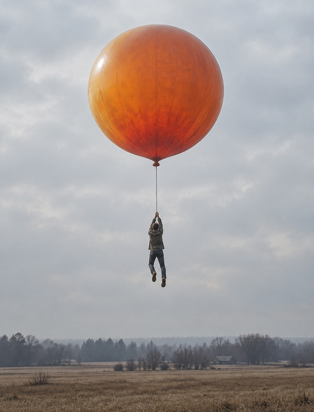 A surreal solitary figure hangs suspended beneath a massi...
