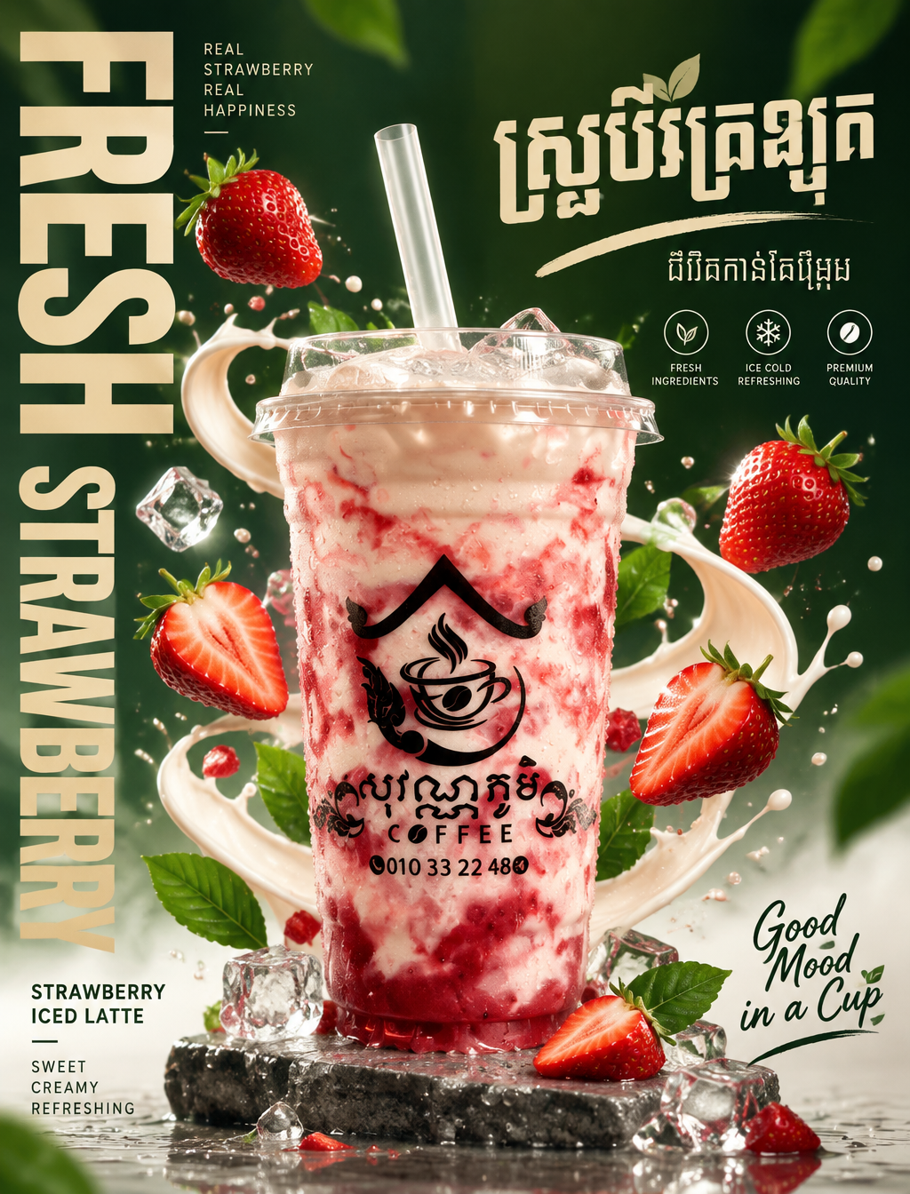 A modern commercial poster design for an iced strawberry ...