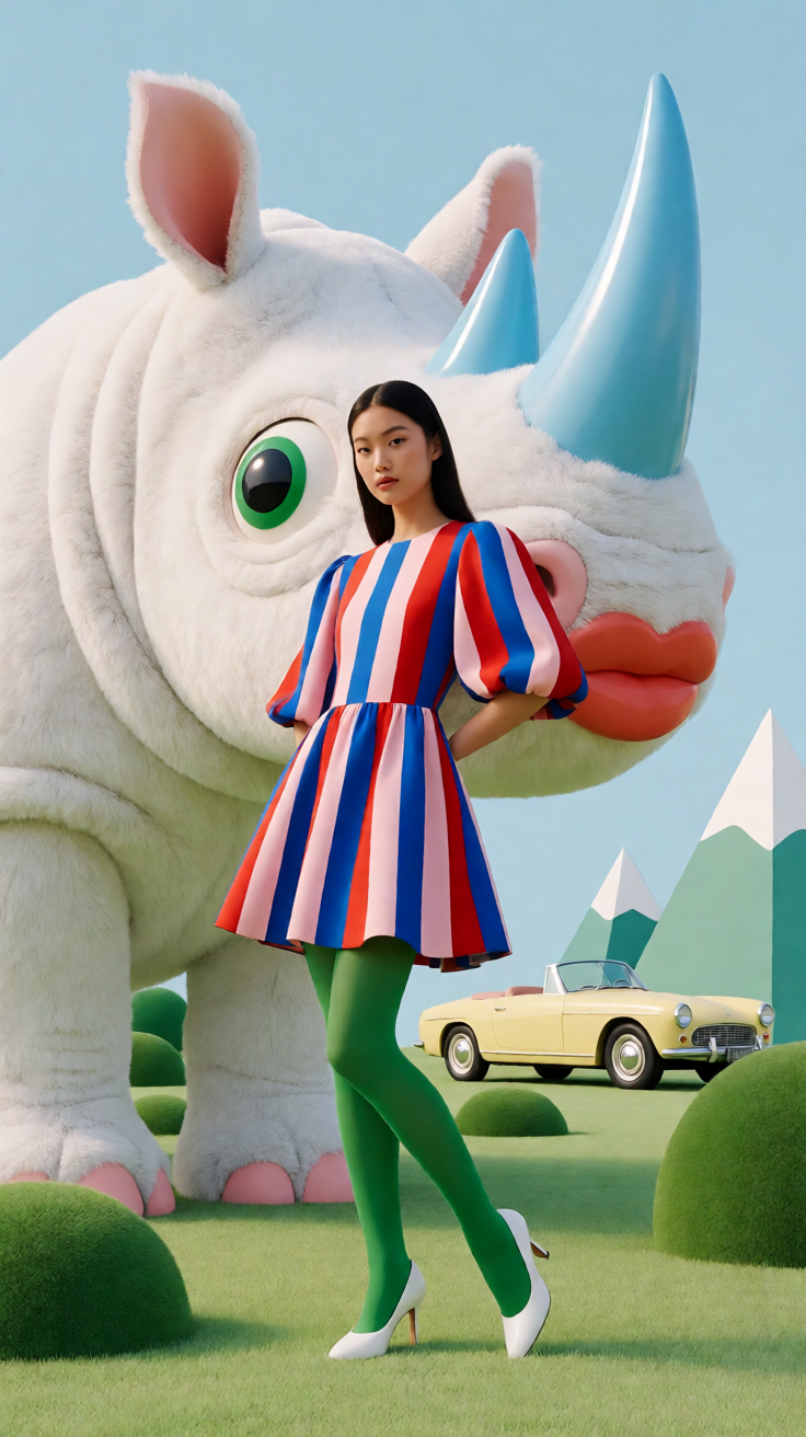 Surreal 3D fashion editorial, retro pop fantasy style, ve...