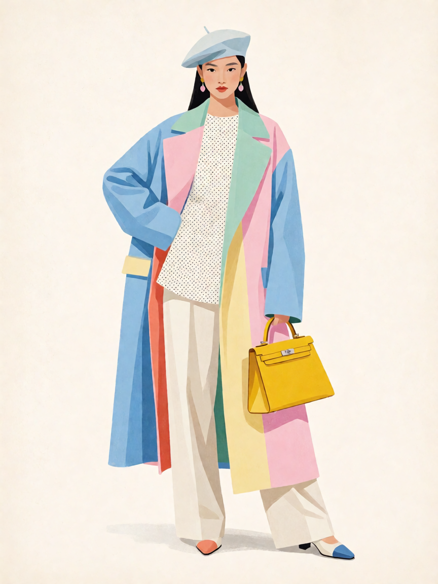 Create a stylish full-body editorial fashion illustration...