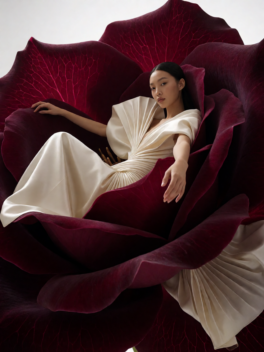 Ultra-photorealistic avant-garde fashion photograph. A be...