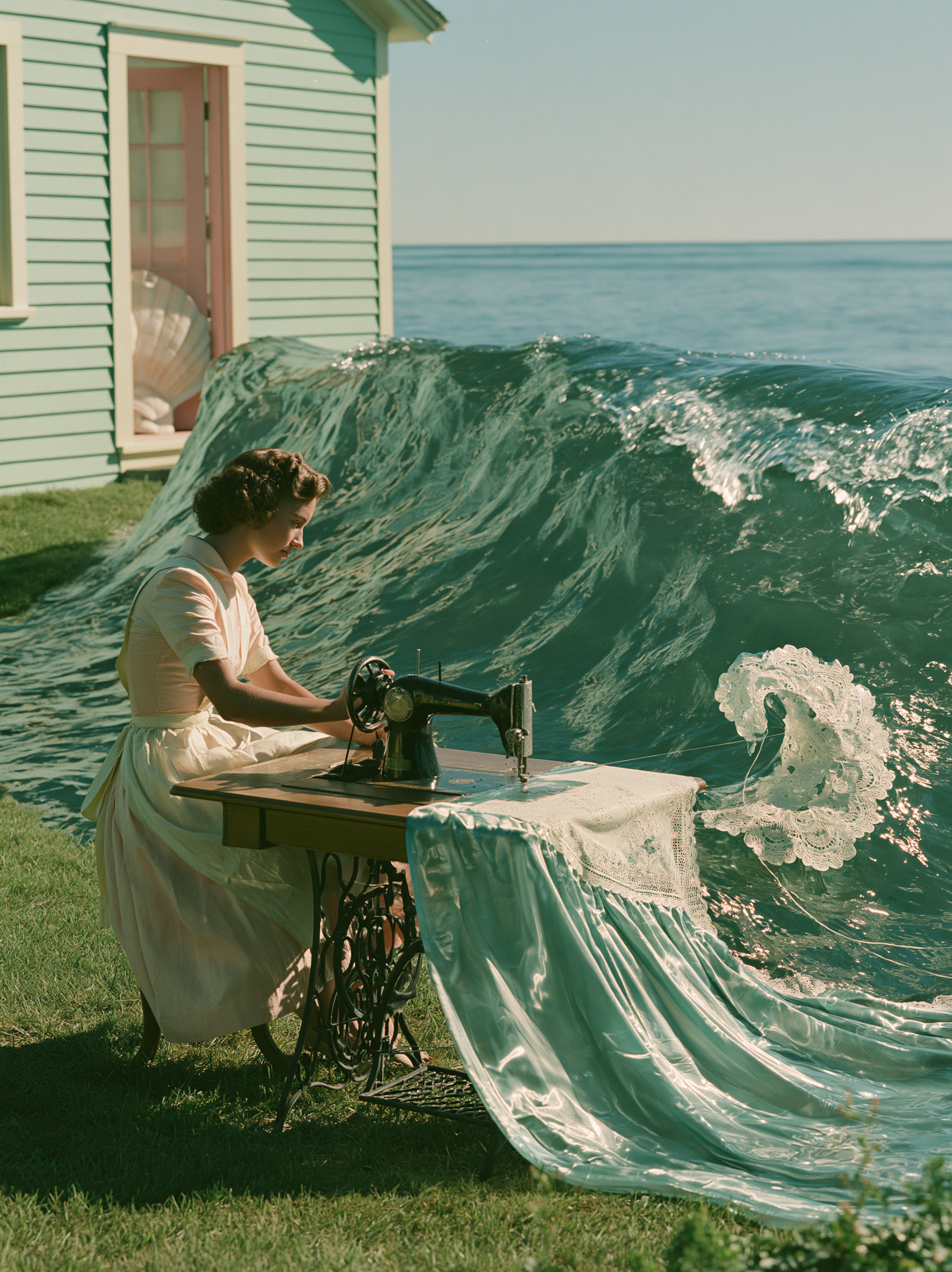 A quietly impossible domestic scene on a 1950s coastal fi...