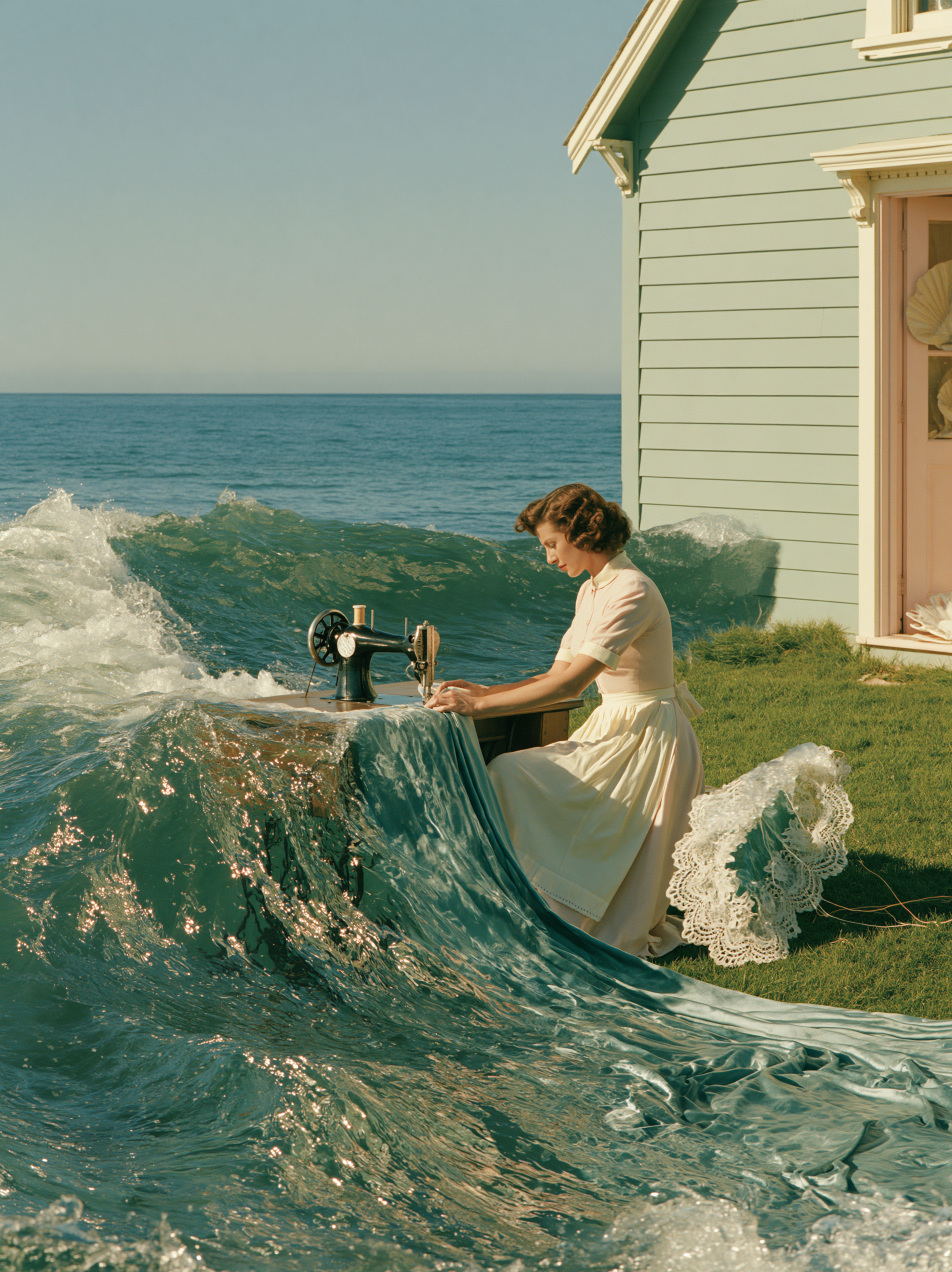A quietly impossible domestic scene on a 1950s coastal fi... - alternate