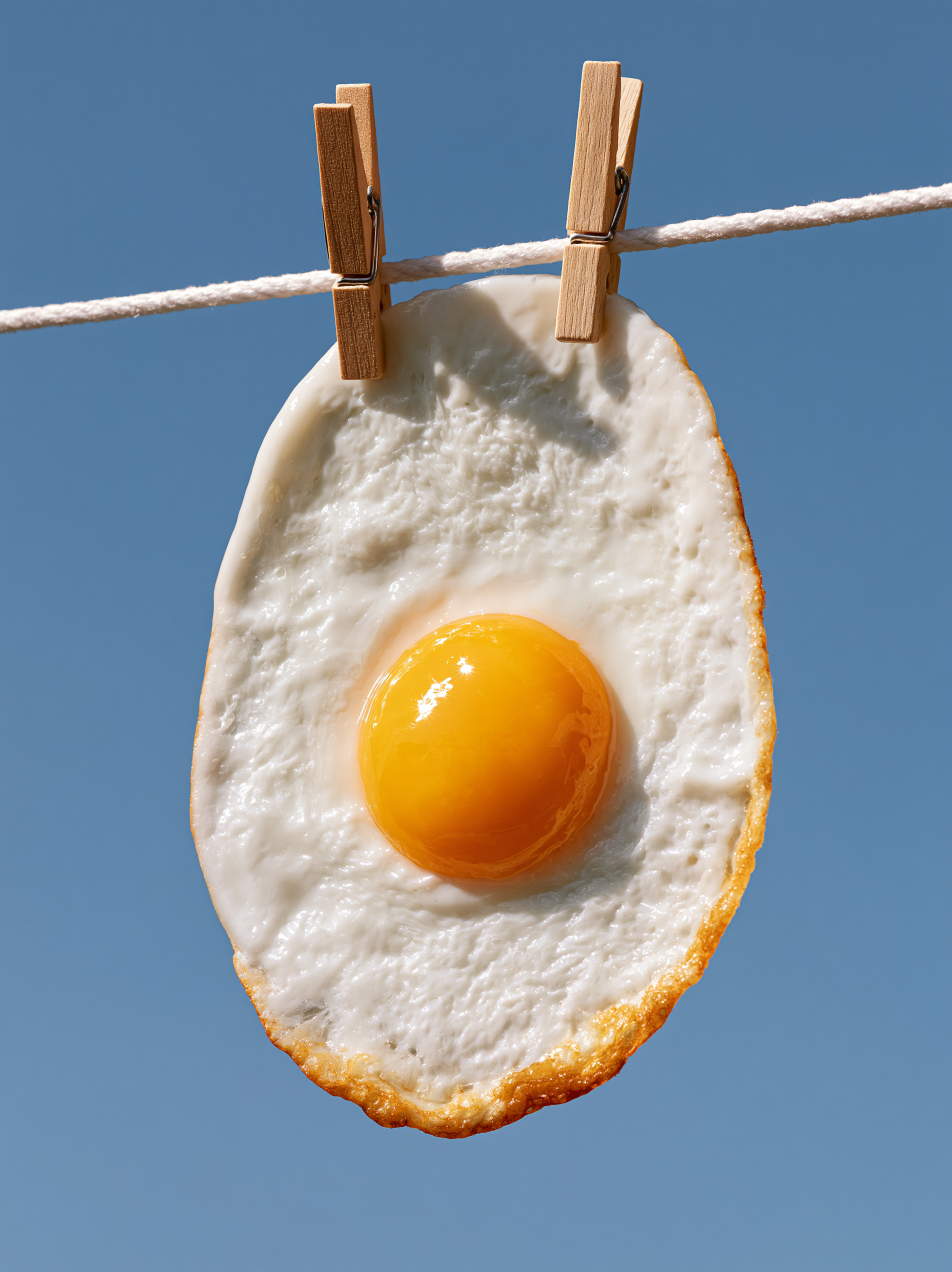 centrally composed shot of a single fried egg suspended o...