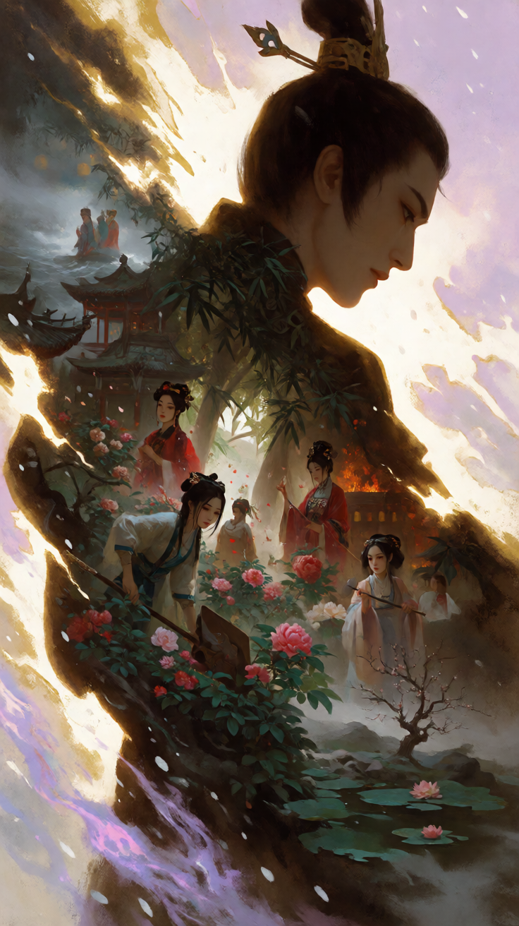 核心风格定义为Frank Frazetta经典奇幻插画风格，融合东方红楼梦史诗的缠绵凄美与空幻哲思，双重曝光艺术手...