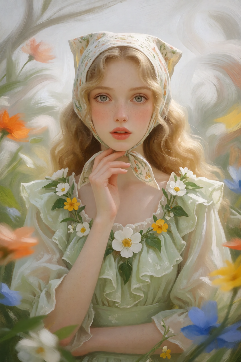 一幅梦幻唯美的数字绘画肖像,画面中央是一位年轻的成年女性,拥有白皙肌肤、淡淡雀斑、浅金色长卷发、大而清澈的浅色眼睛...