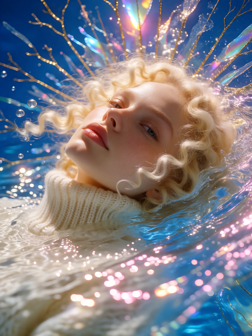 一幅梦幻而超现实的近距离肖像:一位年轻的浅肤色女性仰面漂浮在画面中央,头部轻轻后仰并侧转,面部朝向镜头,双眼微微睁...